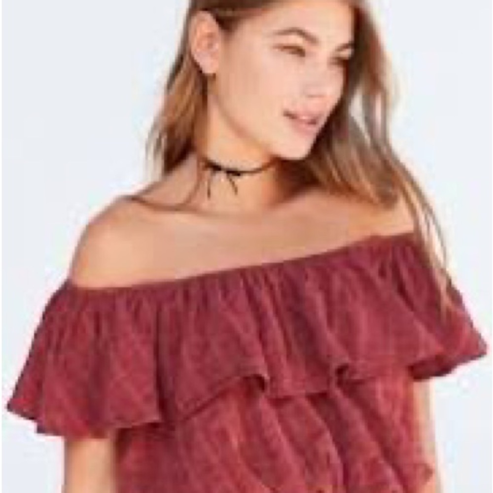Urban Outfitters Kimchi Blue Maroon Plaid Ruffle Off Shoulder Crop Top Size XS - Picture 9 of 11
